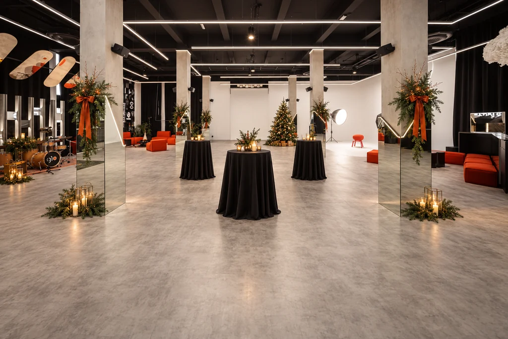 Sala Takeovers cu mese de cocktail și accente de Crăciun